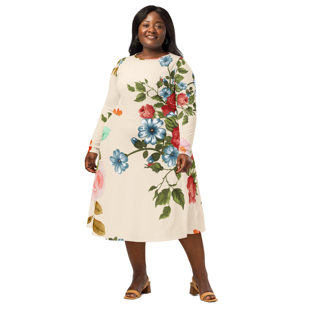 All-over print long sleeve midi dress – StreetMuse